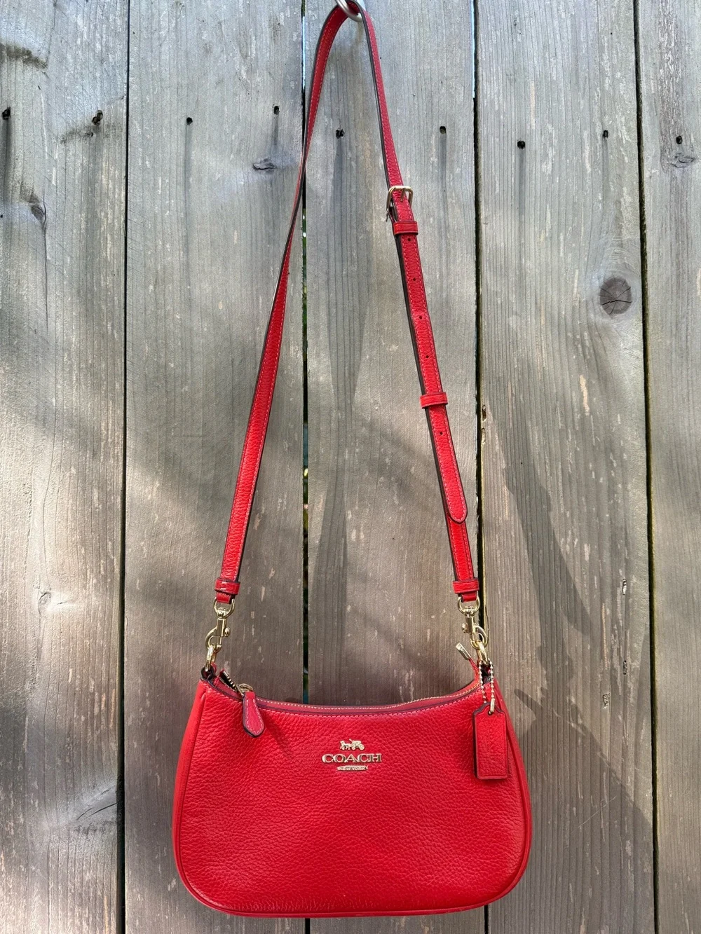 Coach Red Pebble Leather Crossbody an shoulder strap with Gold Hardware